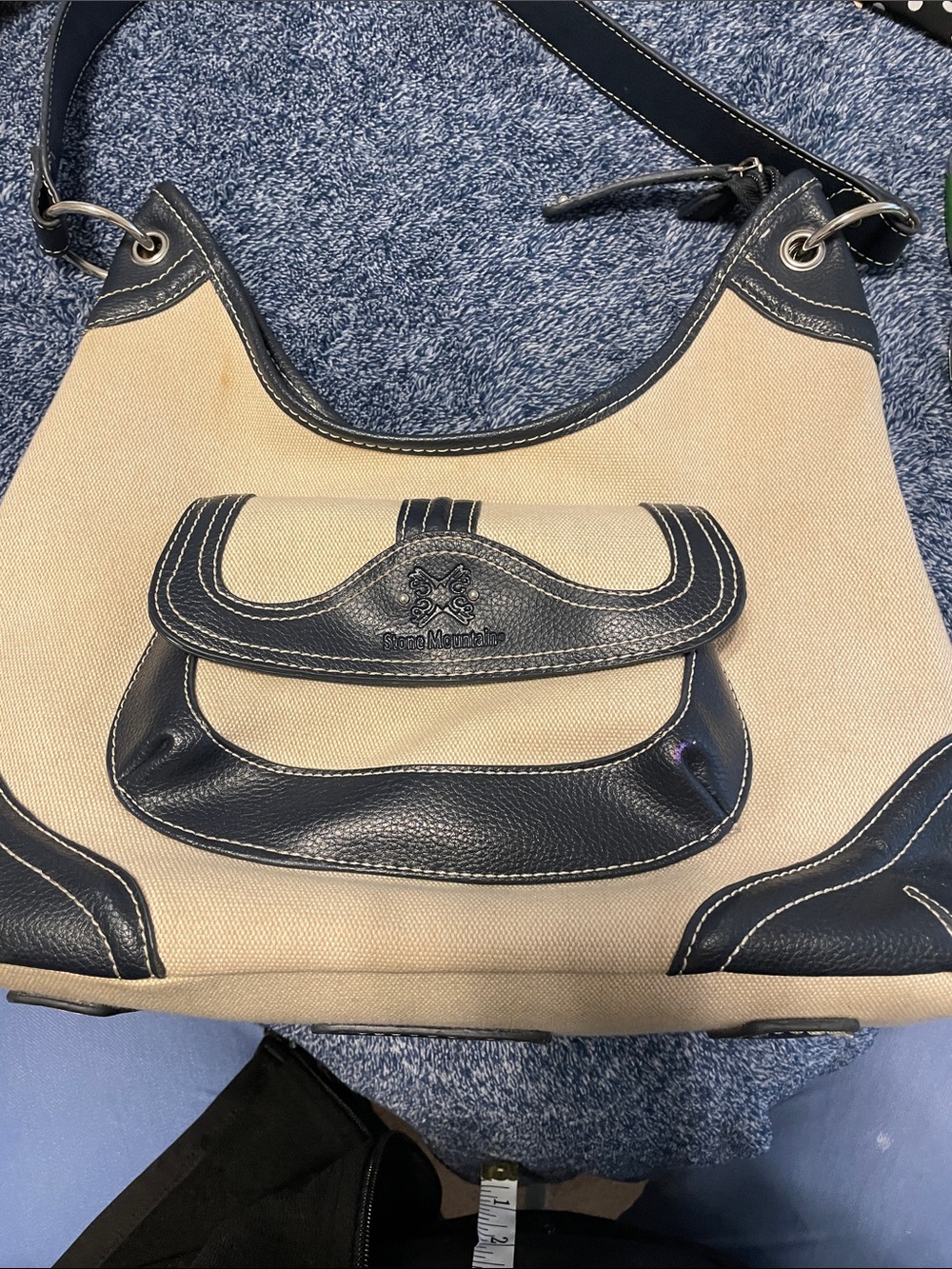 Canvas Shoulder Bag with Navy Trim Stone Mountain